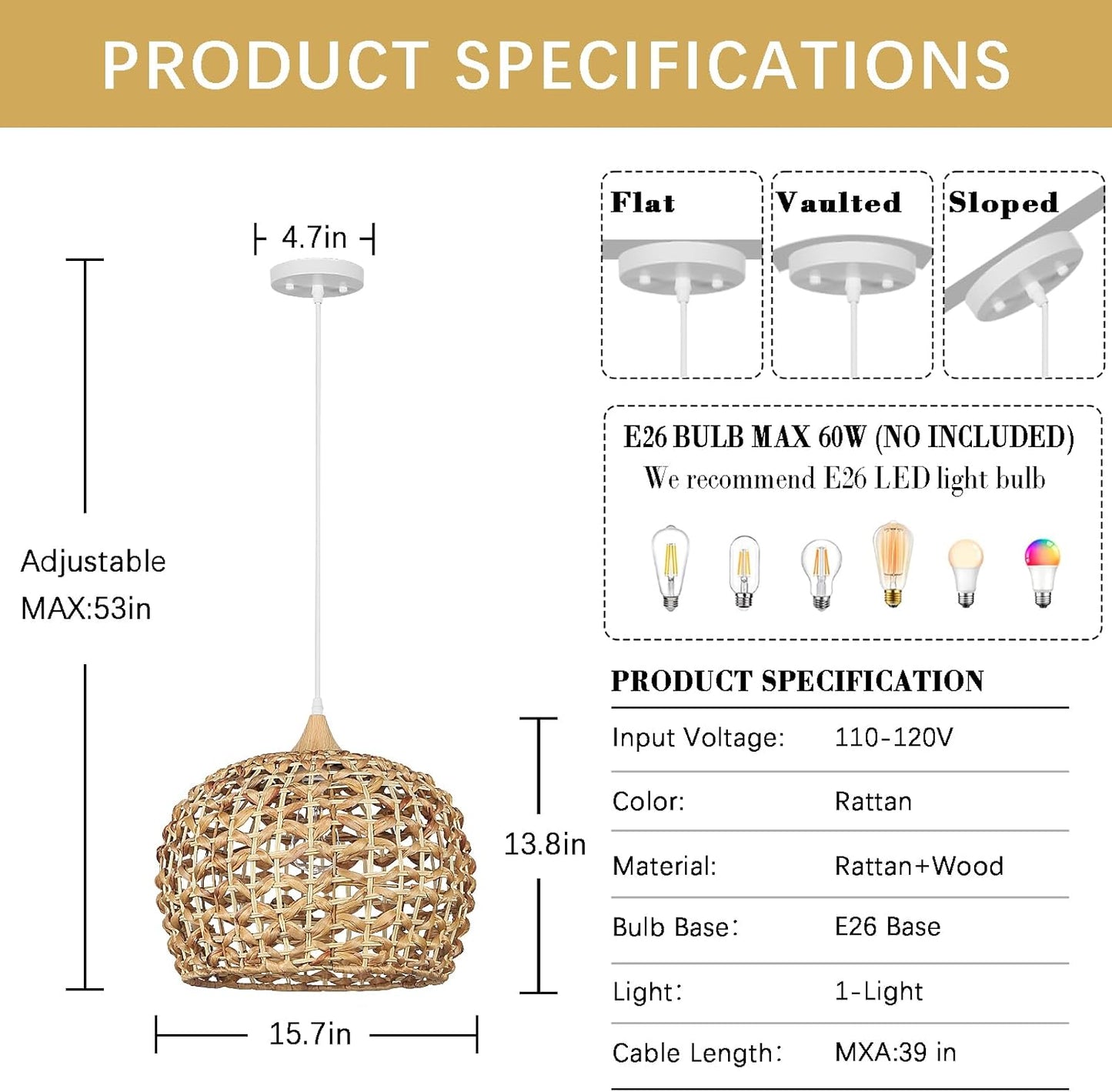 Boho Pendant Lights, 15.7" 1-Light Rattan Chandelier Hand-Woven Wicker Pendant Light with Water Hyacinth Shade, Coastal Dome Hanging Light for Dining Room Kitchen Island