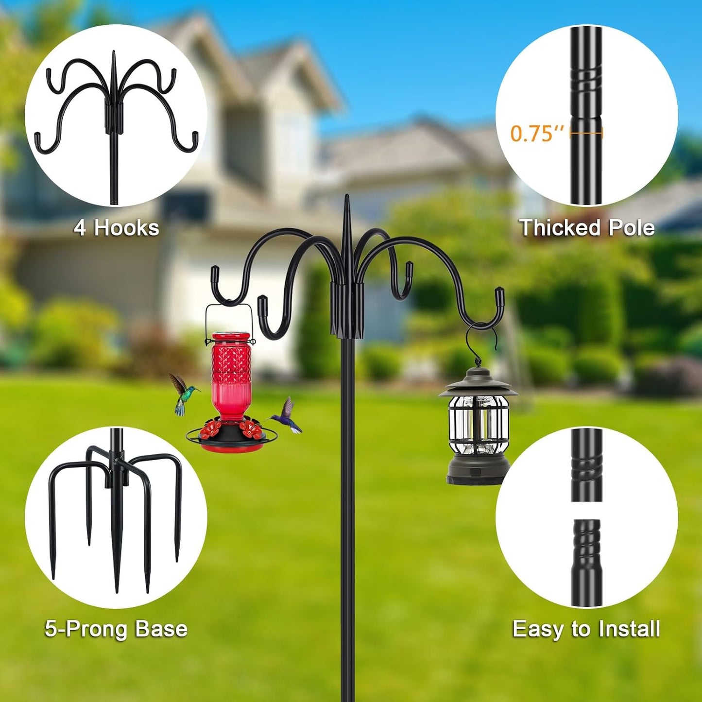 FEED GARDEN [Upgrade Version 92 Inch Four Shepherd Hooks for Outdoor,Bird Feeder Pole with 5 Prong Base, Adjustable Shepard Hooks for Hanging Plant, Solar Lanterns, Wind Chimes, 2 Pack
