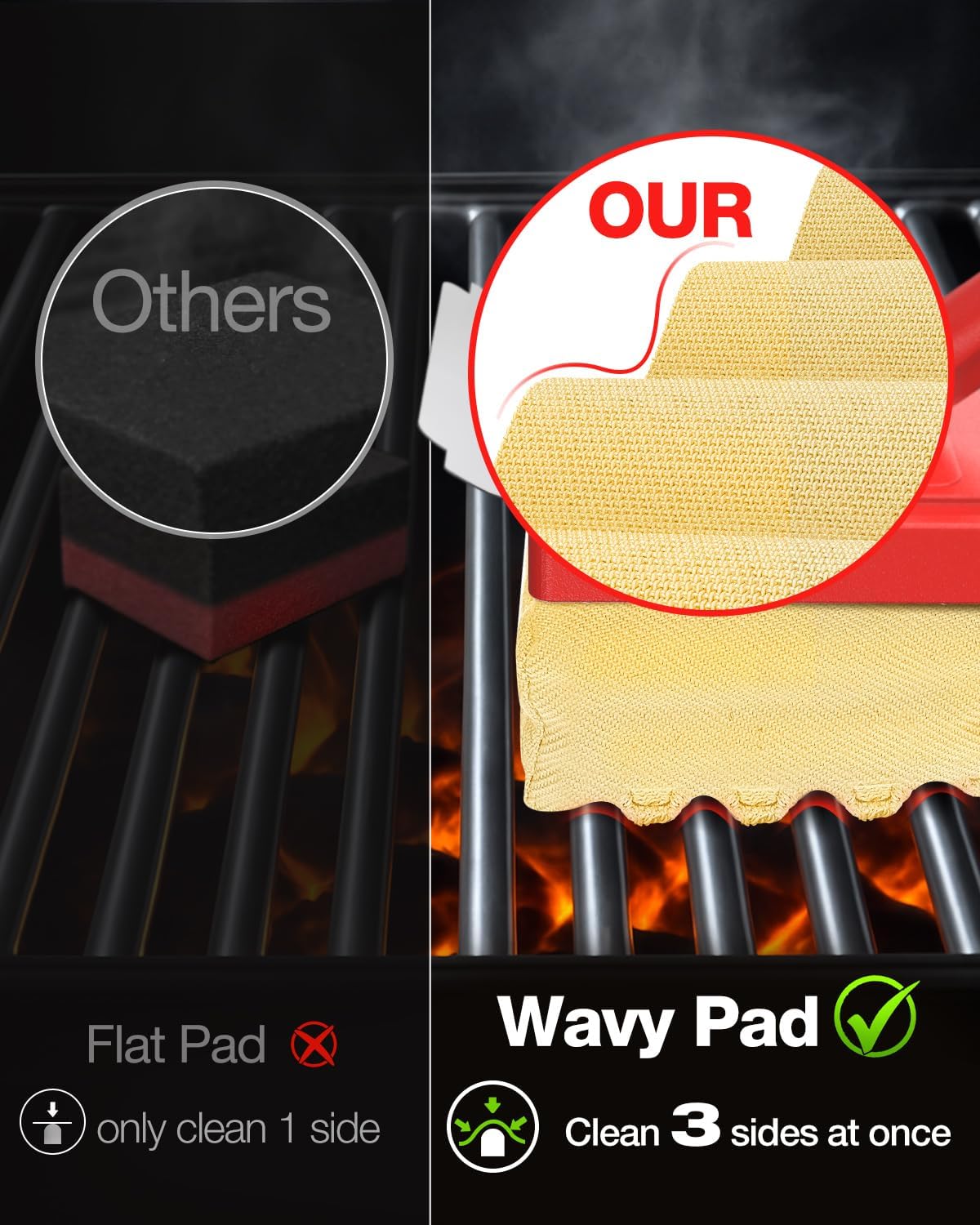 Grill Brush Bristle Free with Scraper 2 Replacement Heads, Steel Wire Replaceable Head and Fire-Resistant Fabric Replaceable Head