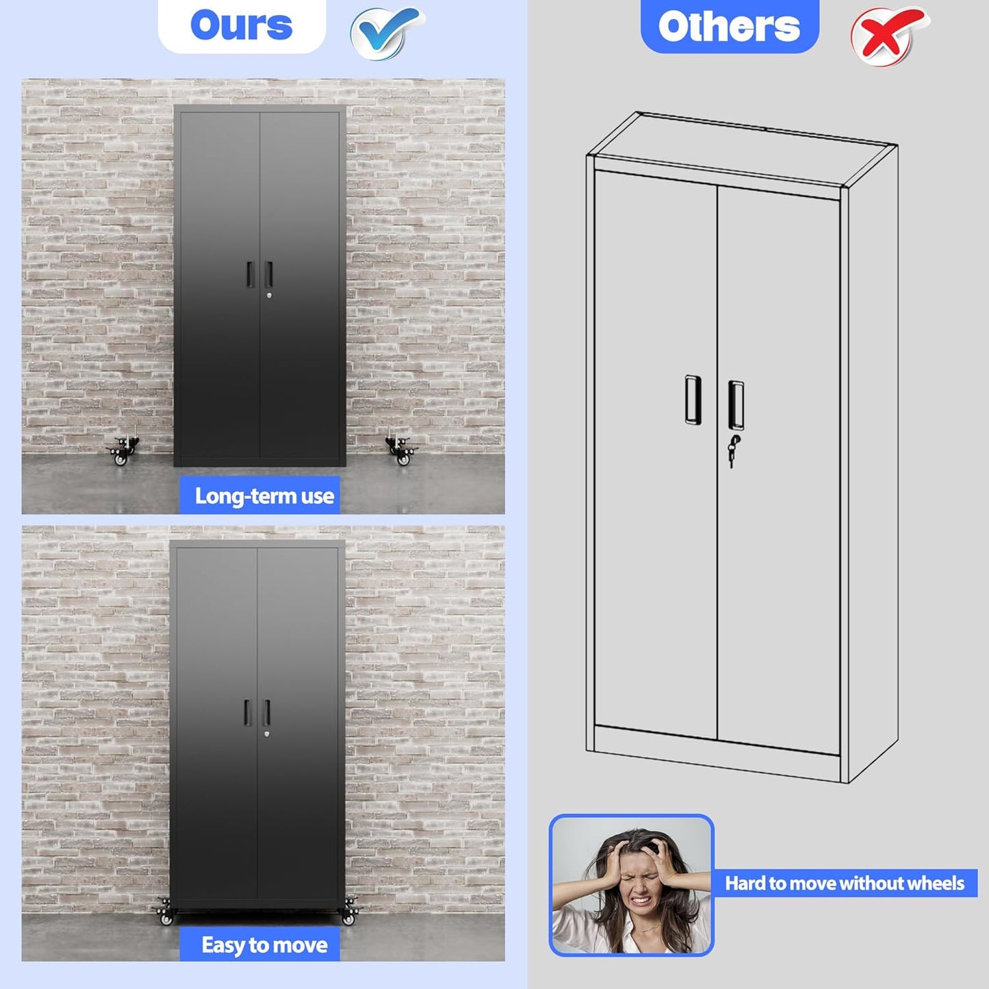 73" H Metal Garage Storage Cabinet with Wheels,Rolling Tool Storage Cabinet with 2 Doors and 4 Adjustable Shelves for Garage,Home,Office,Warehouse,Workshop, Required-Assembly,Black