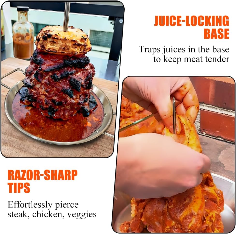BBQ Vertical Skewer Pan Stainless Steel Gyro Spit Shawarma Stand for oven, Al Pastor Skewer for Grill, El Pastor Hack for Tacos Al Pastor Chicken, Brazilian, with 8",10" stick