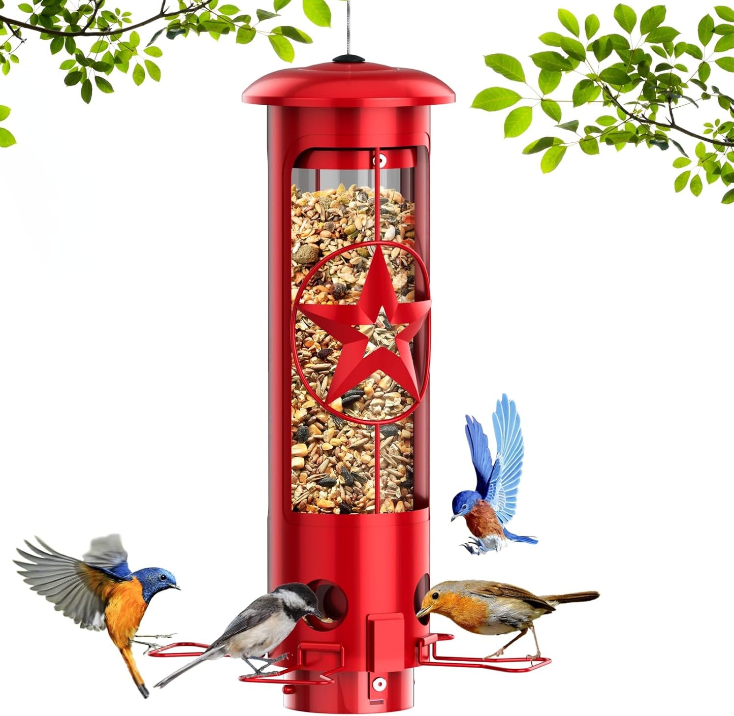 Squirrel Proof Bird Feeders for Outdoors Hanging, Metal Squirrel Proof Bird Feeder with Gravity Protection, 3LB Large Capacity Wild Bird Feeders for Outside Finch, Cardinal, Blue Jay (Red)