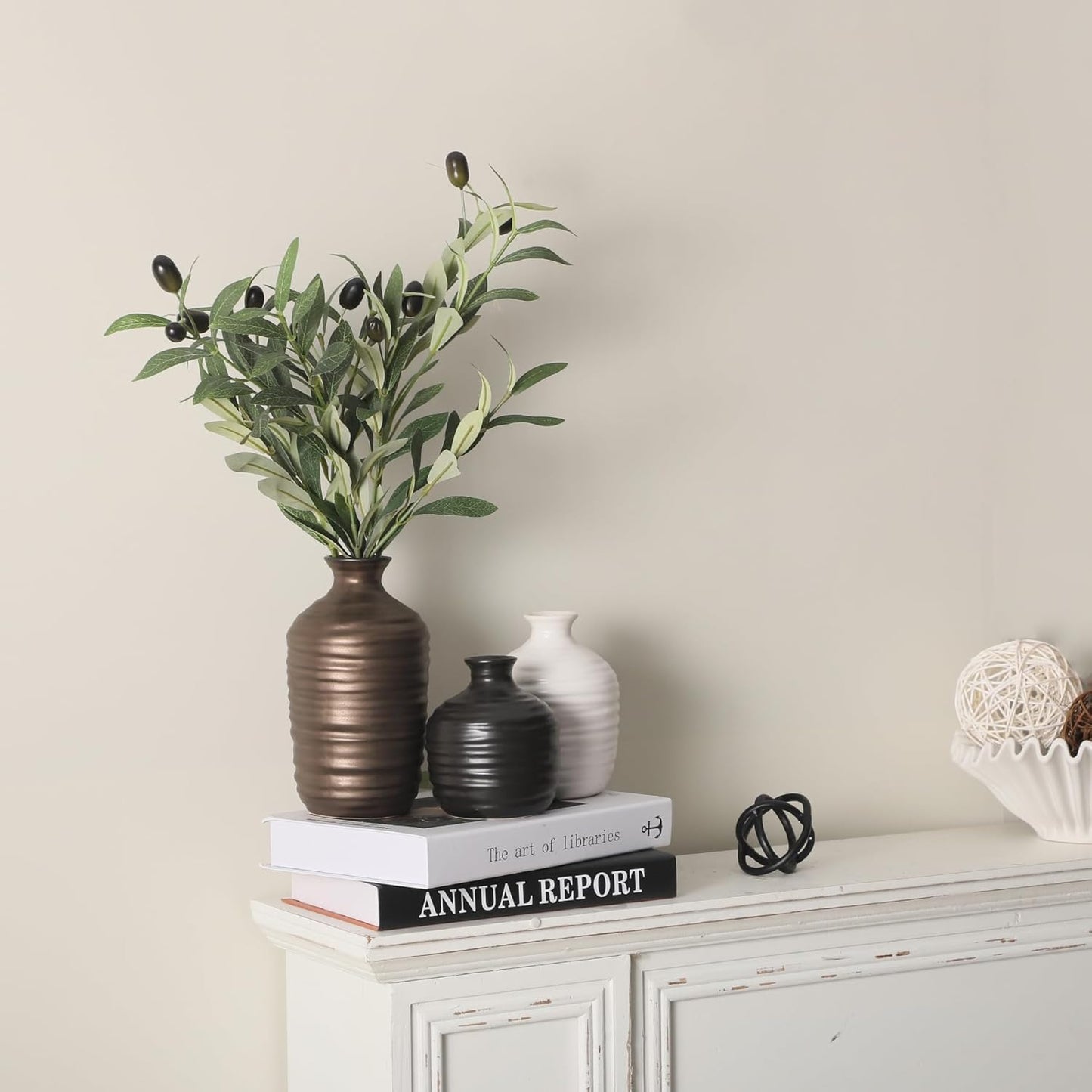 Ceramic Vase Set of 3 Decorative Vase for Home Decor Modern Farmhouse Decor Pottery Neutral Vases for Living Room Bathroom Table Mantel Fireplace Entryway Shelf (02-Metallic)