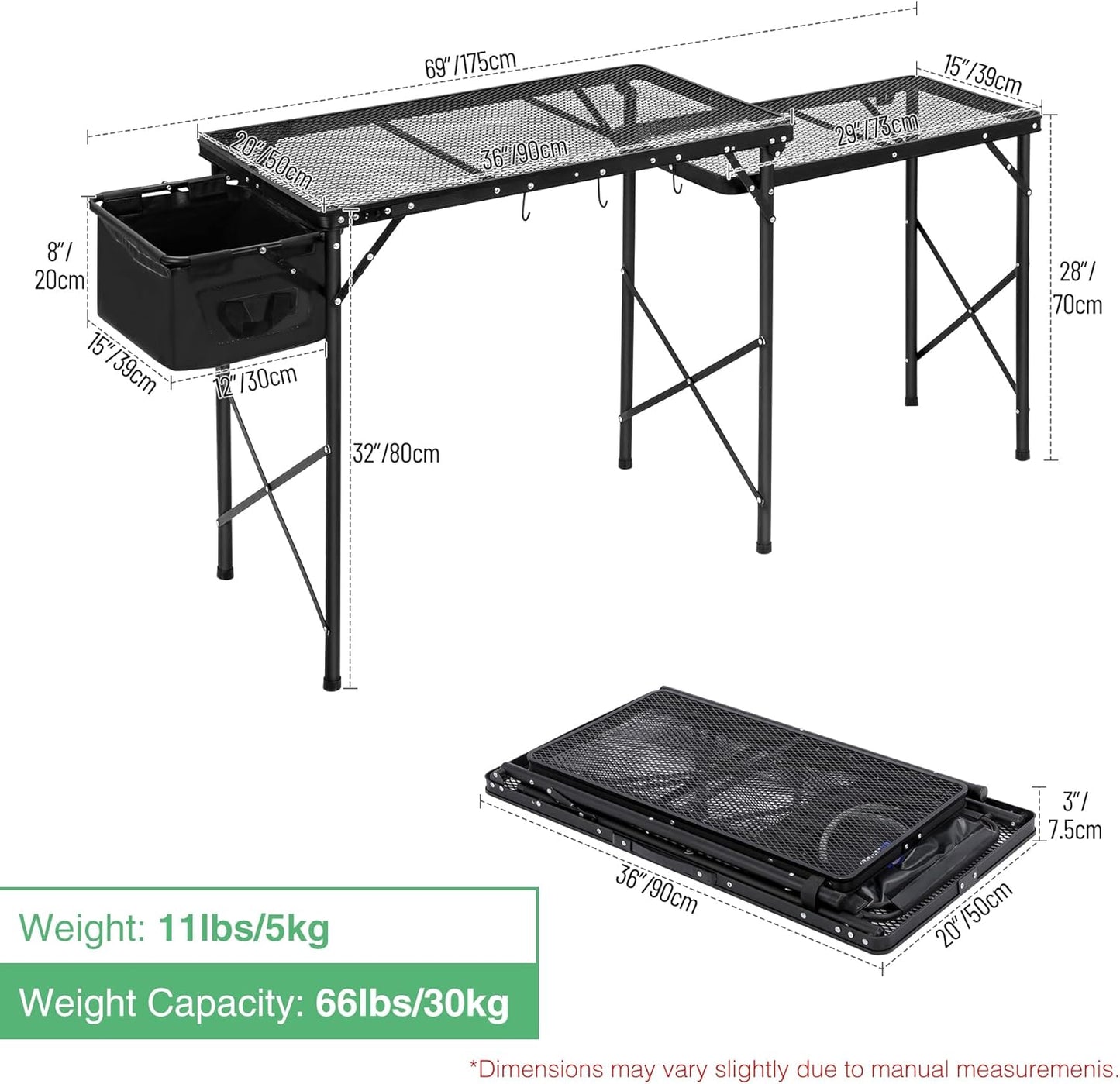 RedSwing Folding Grill Table with Sink and Double Shelf, Multifunctional Portable Grill Stand Table for Outdoor Camping Picnic BBQ, 69 x20 x31.5 Inches, Black