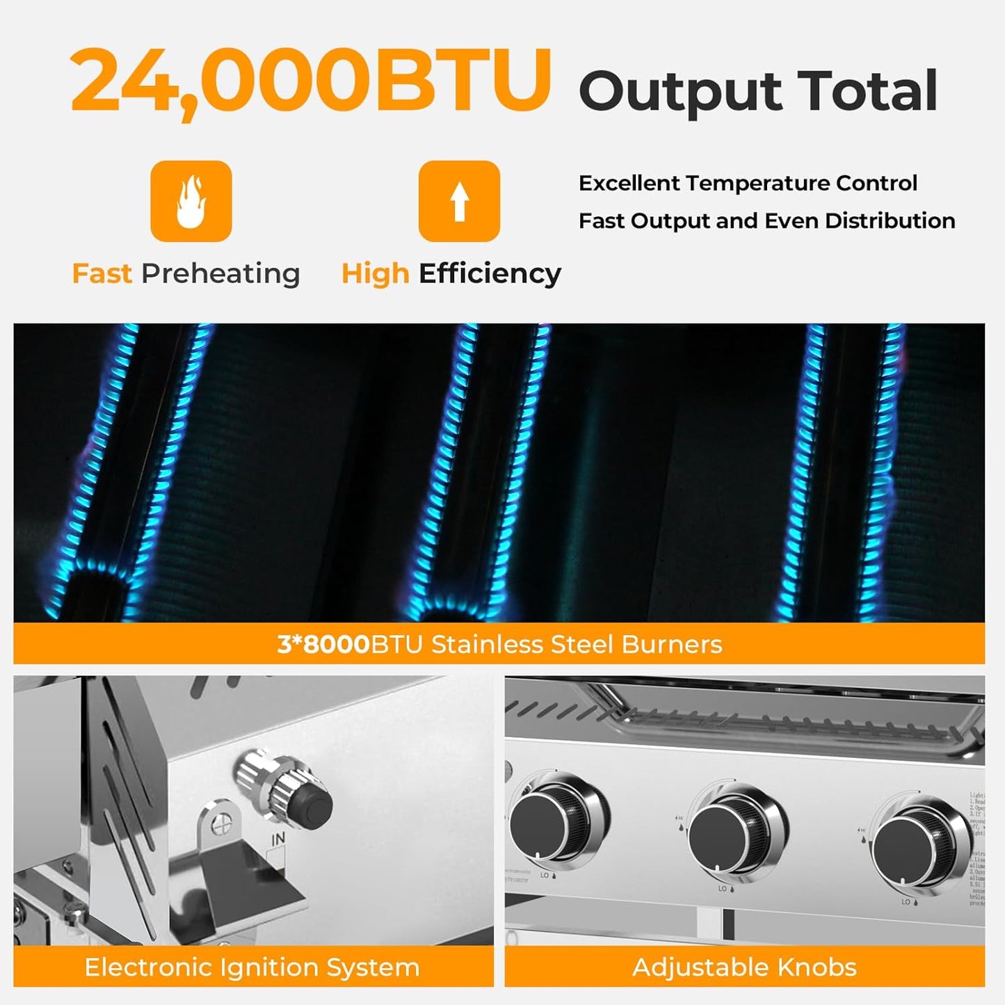 R.W.FLAME Stainless Steel Propane Gas Grill, 3 Burner 24000BTU BBQ Grills, Foldable Side Table, Enamel Wire Grate, Removable Grease Tray, Barbecue Grill for Outdoor Cooking, Backyard, Patio, Deck