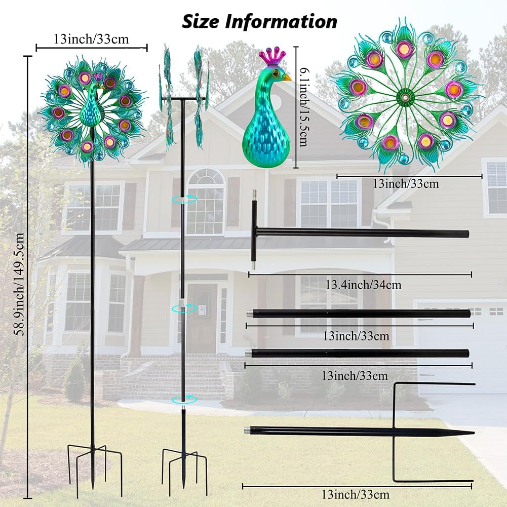 Stargarden Wind Spinners Outdoor, Peacock Metal Wind Spinner, 13 Inch Kinetic Wind Sculptures & Spinners, Decorative Waterproof Pinwheels for Yard and Garden Decor