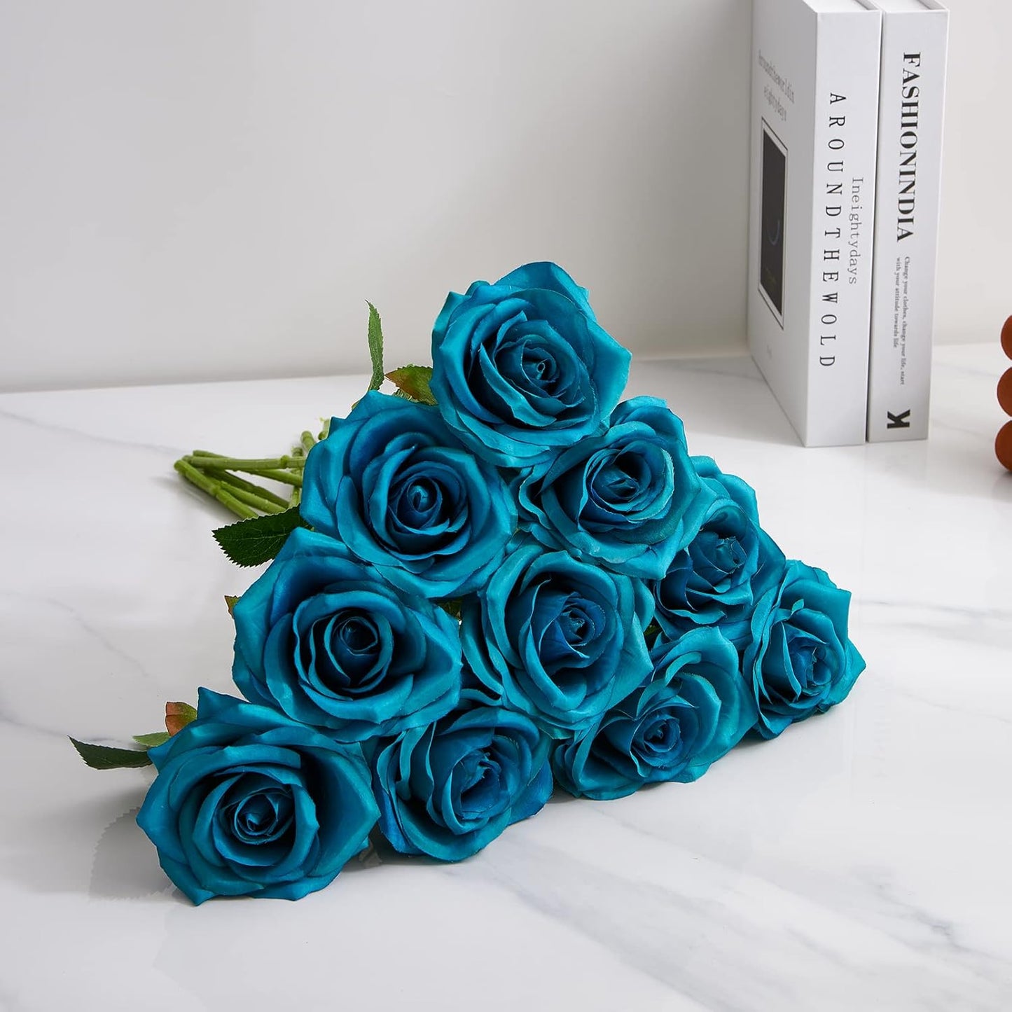 Teal Artificial Rose 10pcs Open Flower Bouquet Faux Rose Stems Turquoise Blue Roses for Wedding Arrangement, Bridal Bouquet, Centerpiece, Fake Faux Silk Flowers