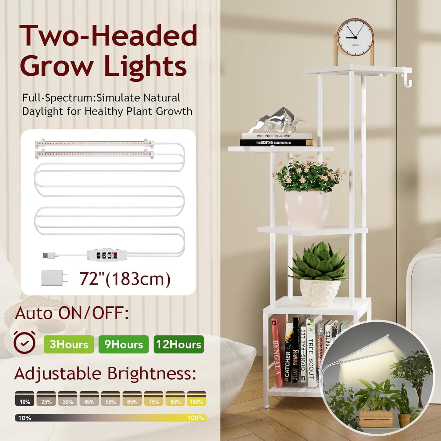 Plant Stand Indoor with Grow Light, 5-Tiered Tall Plant Stand Indoor, Metal Plant Shelf with Hanging Basket Hook and Adjustable Light, Ideal for Living Room, Garden, Patio white