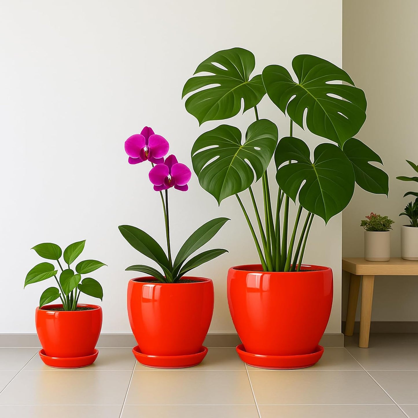 Deep Dream 6 Inch Plant Pots- Ceramic Planter Pot with Drainage Hole and Saucer, Round Flower Pot for Indoor Outdoor Succulent, Snake Plants and Cactus, Red