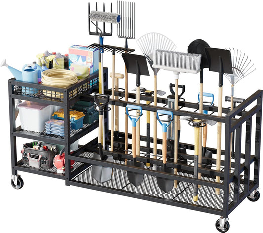 Garden Tool Organizer with Wheels-Movable Garden Tool Rack with Storage Hooks for Long-Handled Tools/Rakes/Brooms/Shovels,Heavy Duty Metal Garden Tool Storage for Garage,Shed,Garden,Black