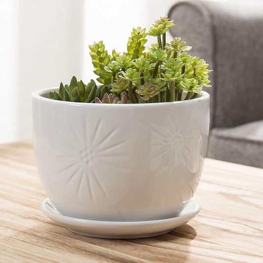 MyGift 7 Inch Round White Ceramic Plant Pot with Drainage Hole and Attached Saucer, Modern Decorative Embossed Sunburst Planter Container for Indoor Home Garden