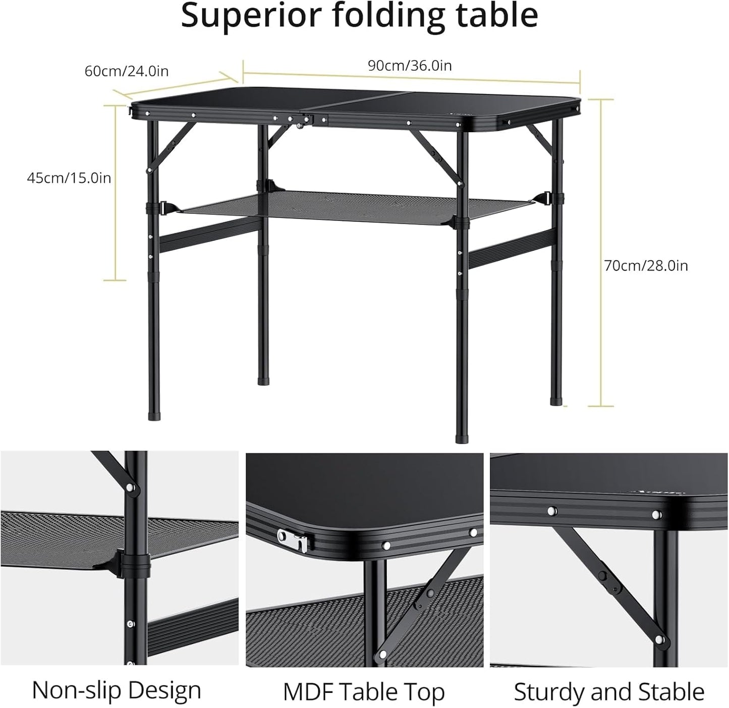 Folding Camping Table, 36" x 24" Portable Table Adjustable Height Max 28 inch Aluminum Folding Table with Storage Net, Lightweight, Portable Handle for Travel, Outdoor, Backyard (Black)