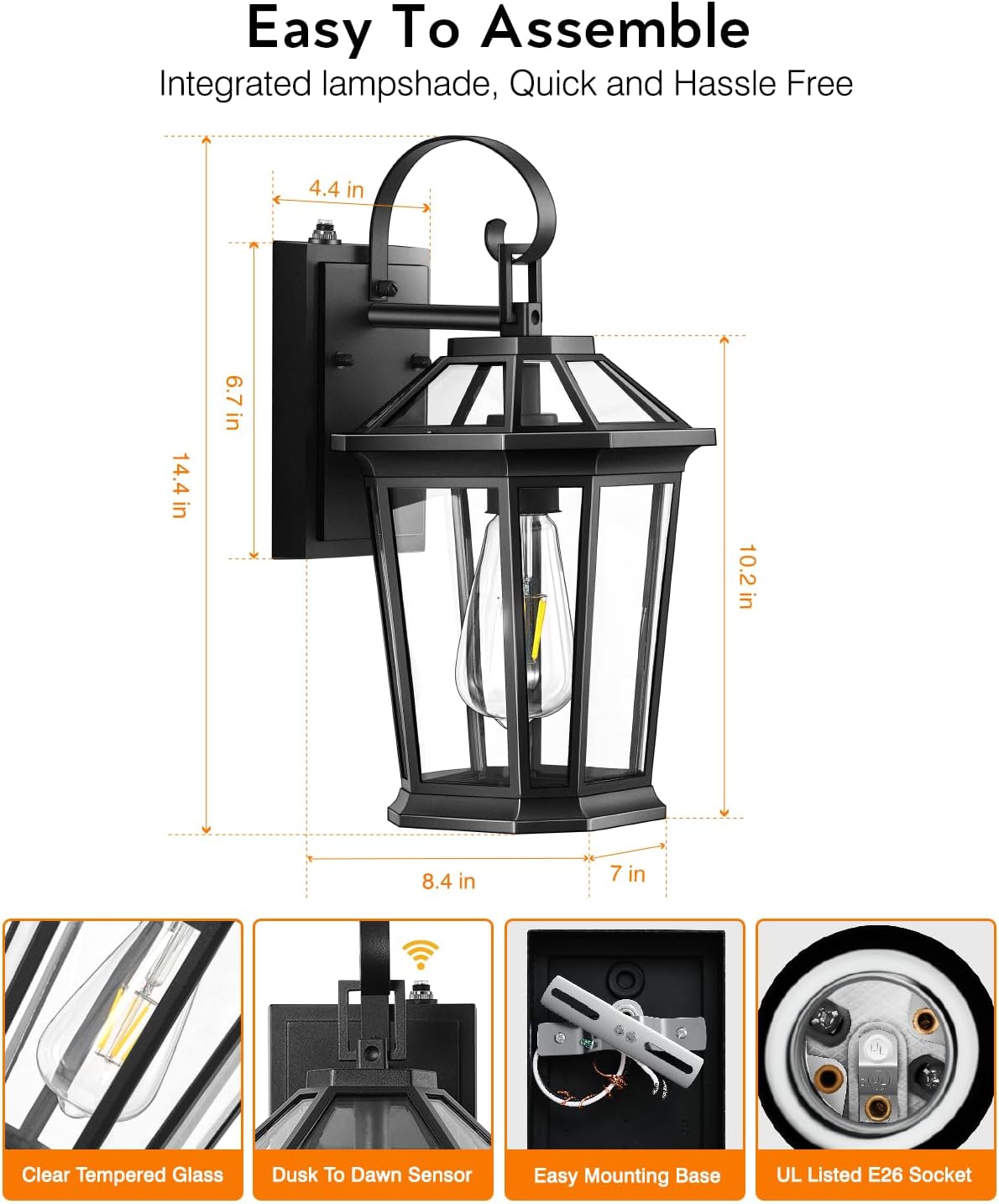 VIANIS Dusk to Dawn Outdoor Wall Lighting, Exterior Light Fixture Wall Mount for House Front Porch Light, Black Anti-Rust Aluminium Modern Outside Coach Lantern with Tempered Glass Shade for Garage