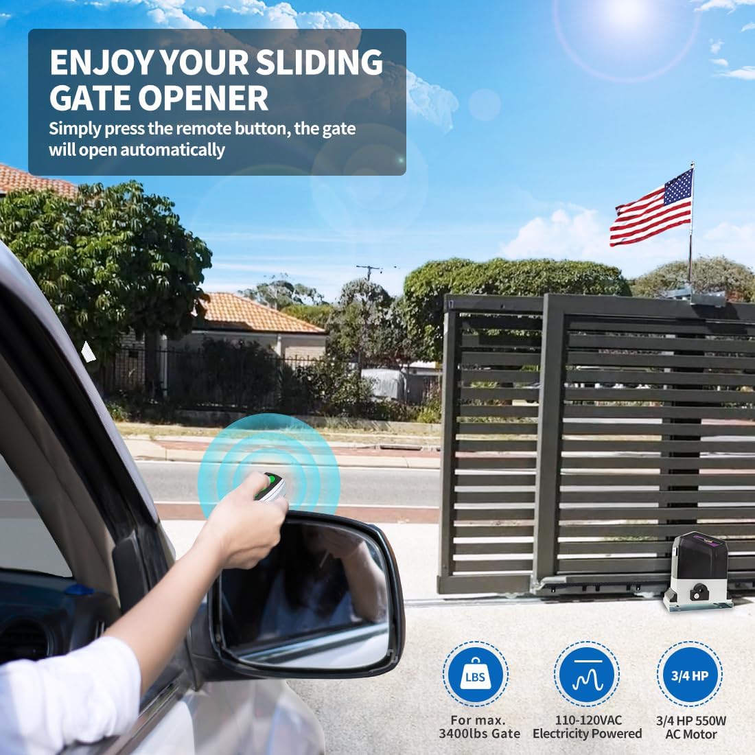 TOPENS RK1200T Automatic Sliding Gate Opener Rack Drive Electric Gate Motor for Heavy Driveway Slide Gates Up to 3400 Pounds, Security Gate Operator AC Powered with Nylon Gear Rack and Remote Control