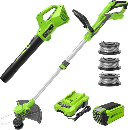 Greenworks 40V 13-Inch Cordless String Trimmer/Edger and Leaf Blower Combo Kit + 3 Bonus Spools, 2.0Ah Battery and Charger Included