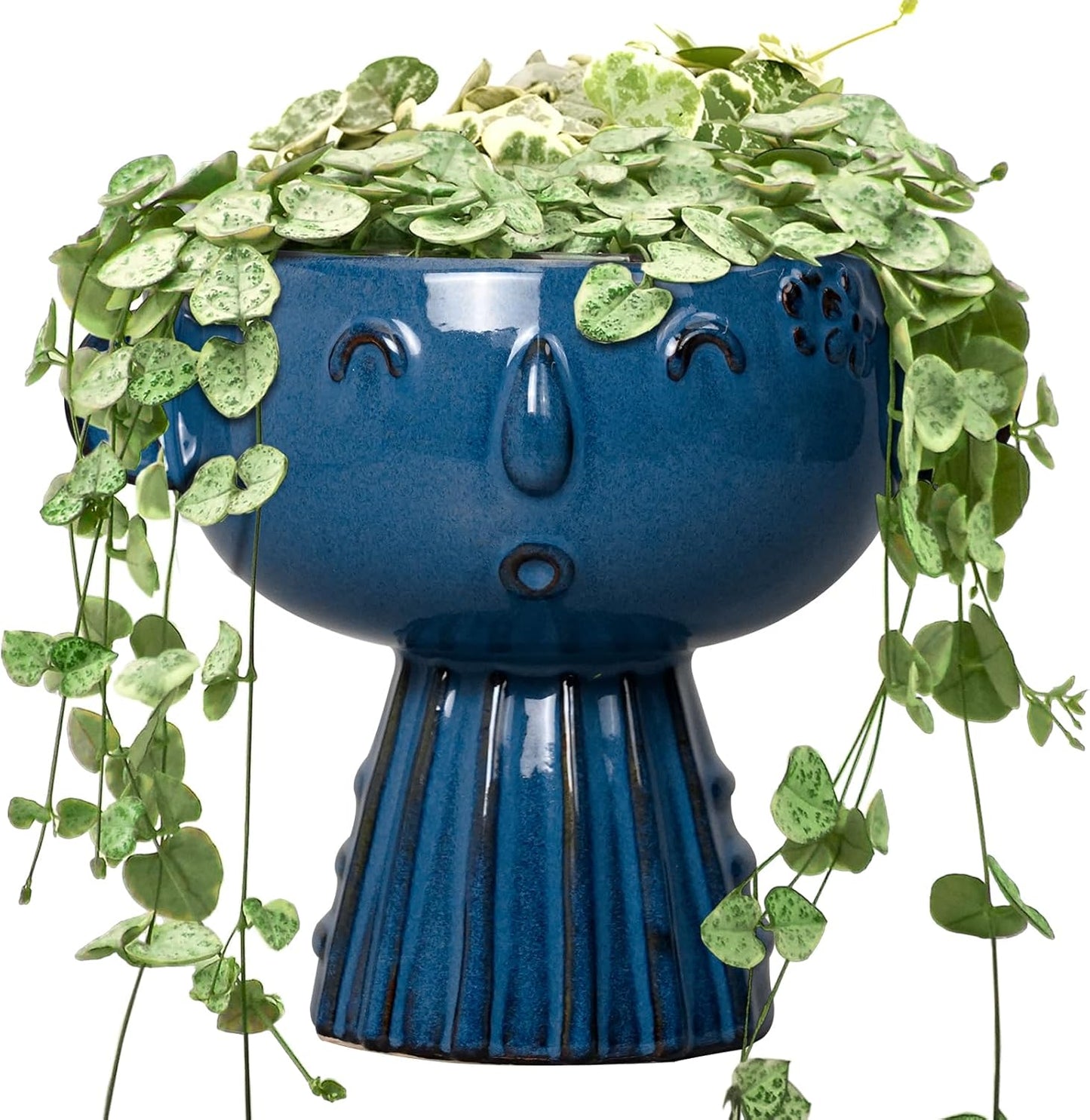Head Planter Pot - 7 Inch Cute Face Planter for Indoor Outdoor Plants Ceramic Succulent Pot Round Flower Pot Present for Mother Christmas with Drainage Hole Blue
