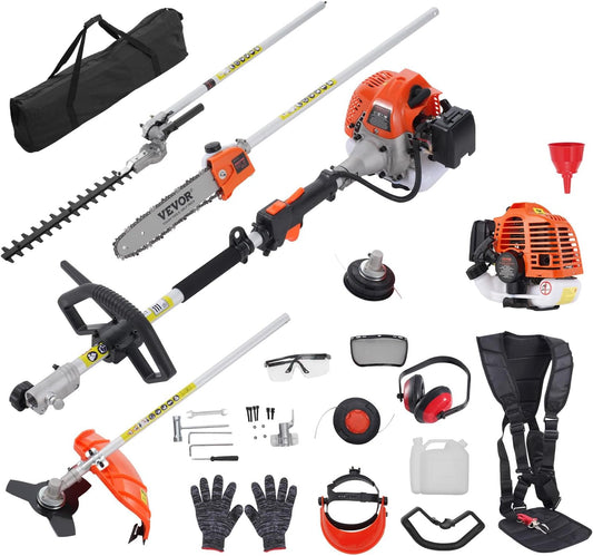 VEVOR 5-in-1 26cc 2 Cycle Gas Powered Dual Sided Hedge Trimmer, Weed Eater, String Trimmer, Edger, Pole Saw Chainsaw Pruner with EPA, CE and EMC Certification