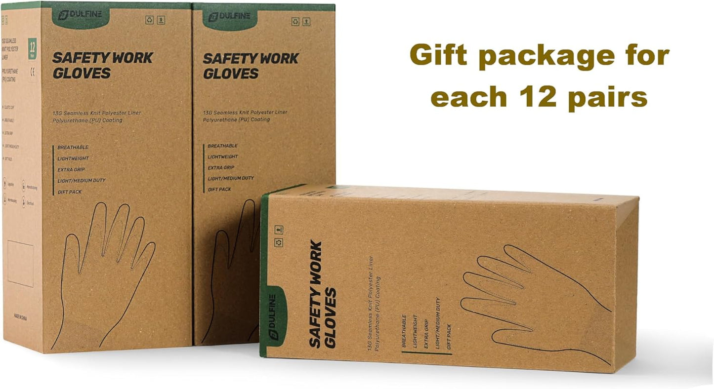 DULFINE Safety Work Gloves PU Coated-12 Pairs,White Seamless Knit Glove with Polyurethane Coated Smooth Grip on Palm & Fingers, for Men and Women, Ideal for General Duty Work (Medium)