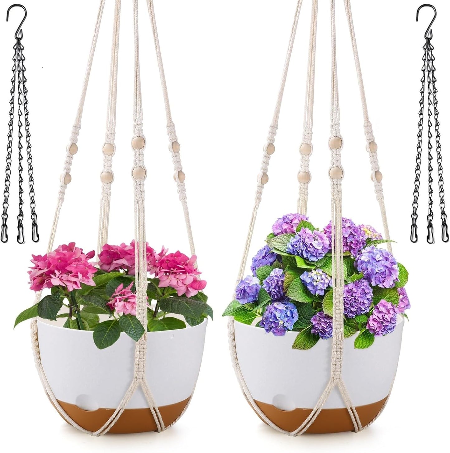 10 Inch Hanging Planter, 2 Pack Hanging Plant Self Watering Pot with Drainage Holes and Saucers, Hanging Baskets Flower Pots with Macrame Rope Hangers for Garden Home -White