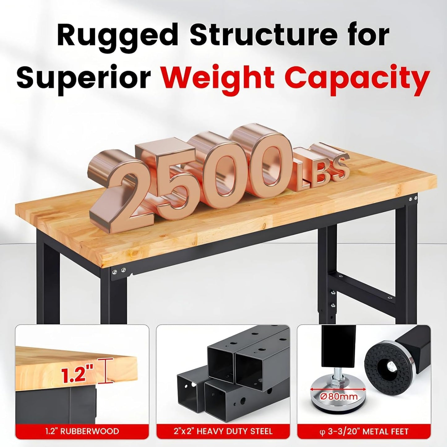 Workbench with Pegboard 48 Inch Work Bench for Garage Adjustable Height Rubberwood Tabletop Garage Workbench with Power Outlet for Woodworking, Home, Office, Workshop