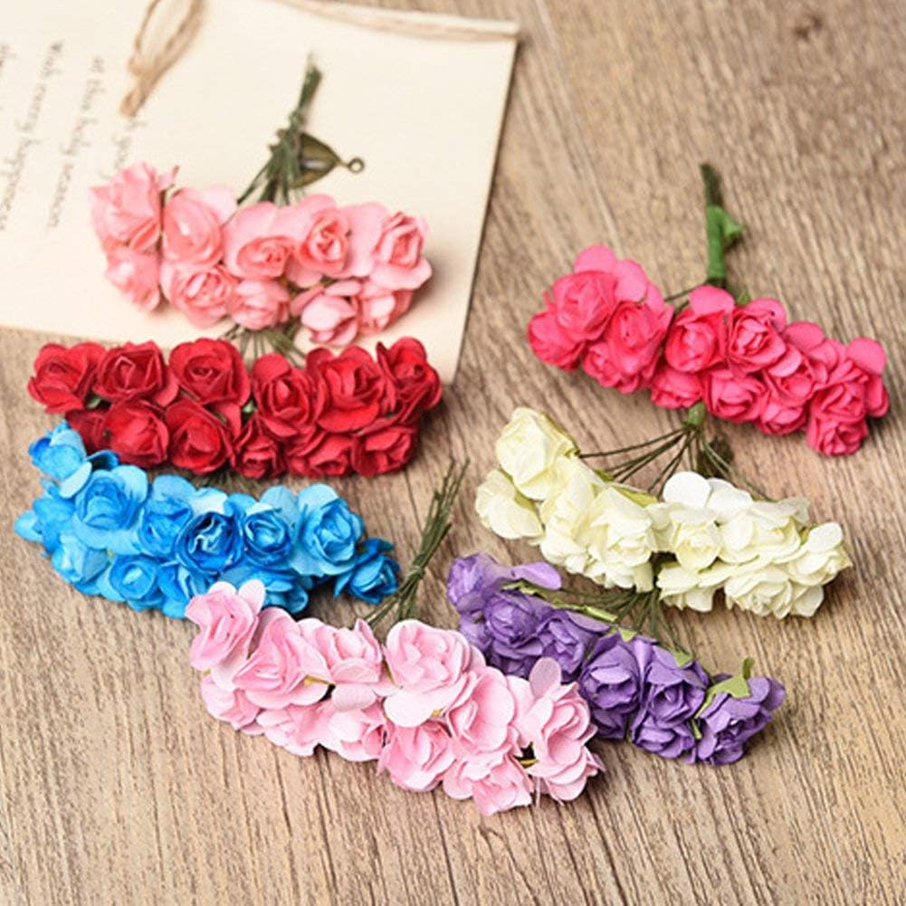 Mini Fake Rose Flower Heads 144pcs Mini Artificial Mulberry Paper Roses Flower with Wire Stem DIY Wedding Flowers Accessories Make Bridal Hair Clips Headbands Dress (Blush Pink)