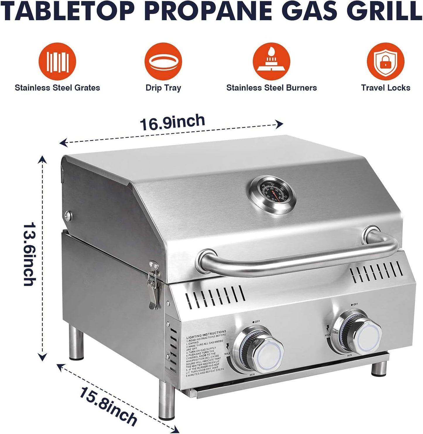 Llamaviva 2 Burners Tabletop Gas Grill, 20,000 BTUs Portable Stainless Steel Propane Grill with Legs for Tailgating, Outdoor Patio Backyard Camping, and RV Trips - food clip