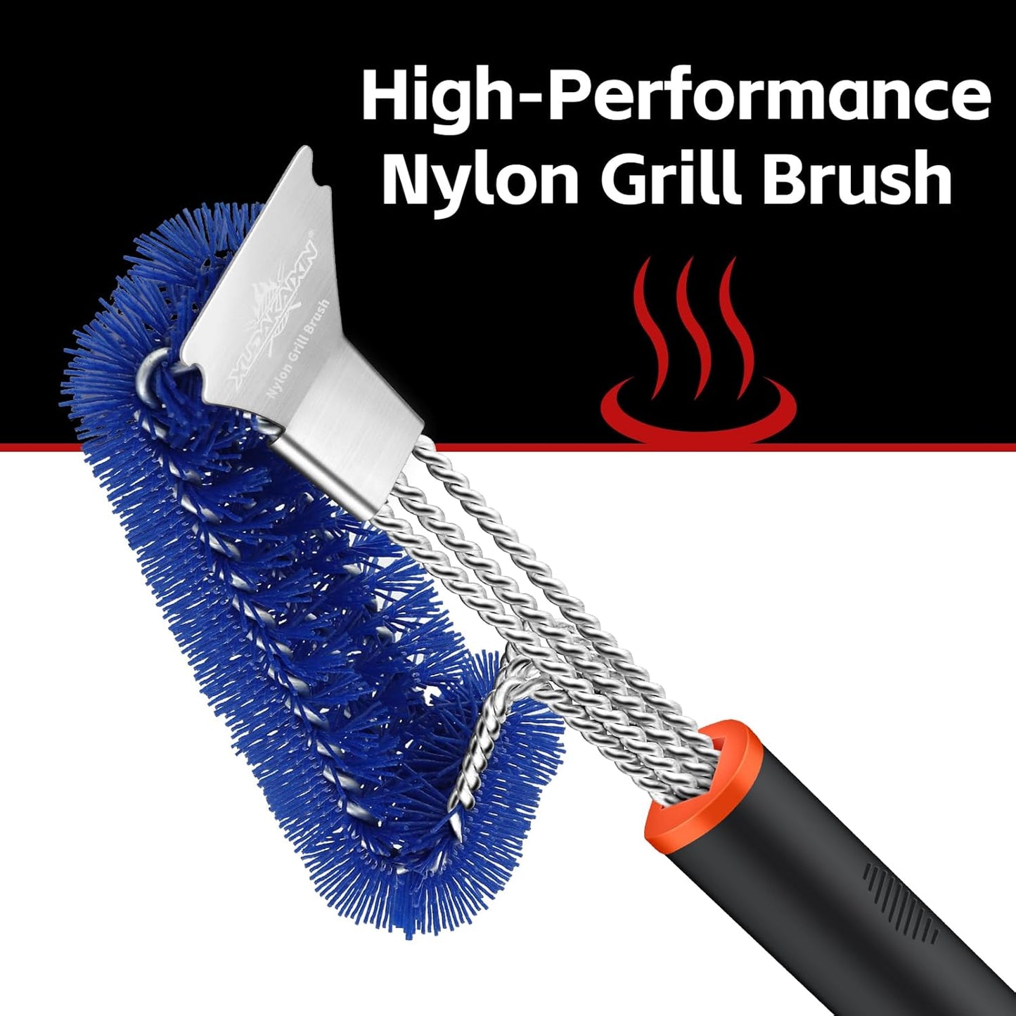 Grill Brush and Scraper, Safe Nylon Bristles Barbecue Triple Scrubbers Cleaning Brush for Cast Iron Grates/Porcelain/Weber Gas/Charcoal Grill,Extra Strong BBQ Cleaner Accessories (Blue)