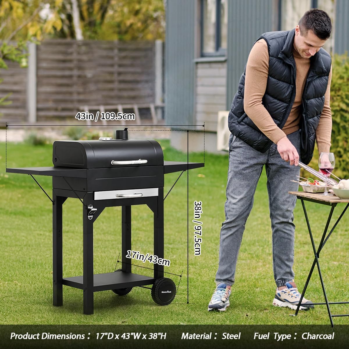 MASTER COOK Charcoal Grill with Two Side Tables, Heavy-duty Steel Barbecue BBQ Grill for Outdoor Picnic Backyard Patio and Parties, 43"*38"*17"