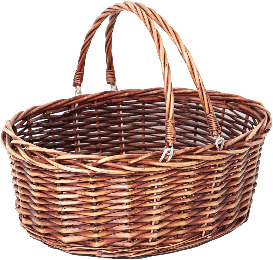 JJSQ Wicker Picnic Basket with Folding Handles Wicker Hand Woven Baskets for Storage, Garden Harvest, Easter, Empty Gift Basket, Brown, Large 17" x 13" x 7"