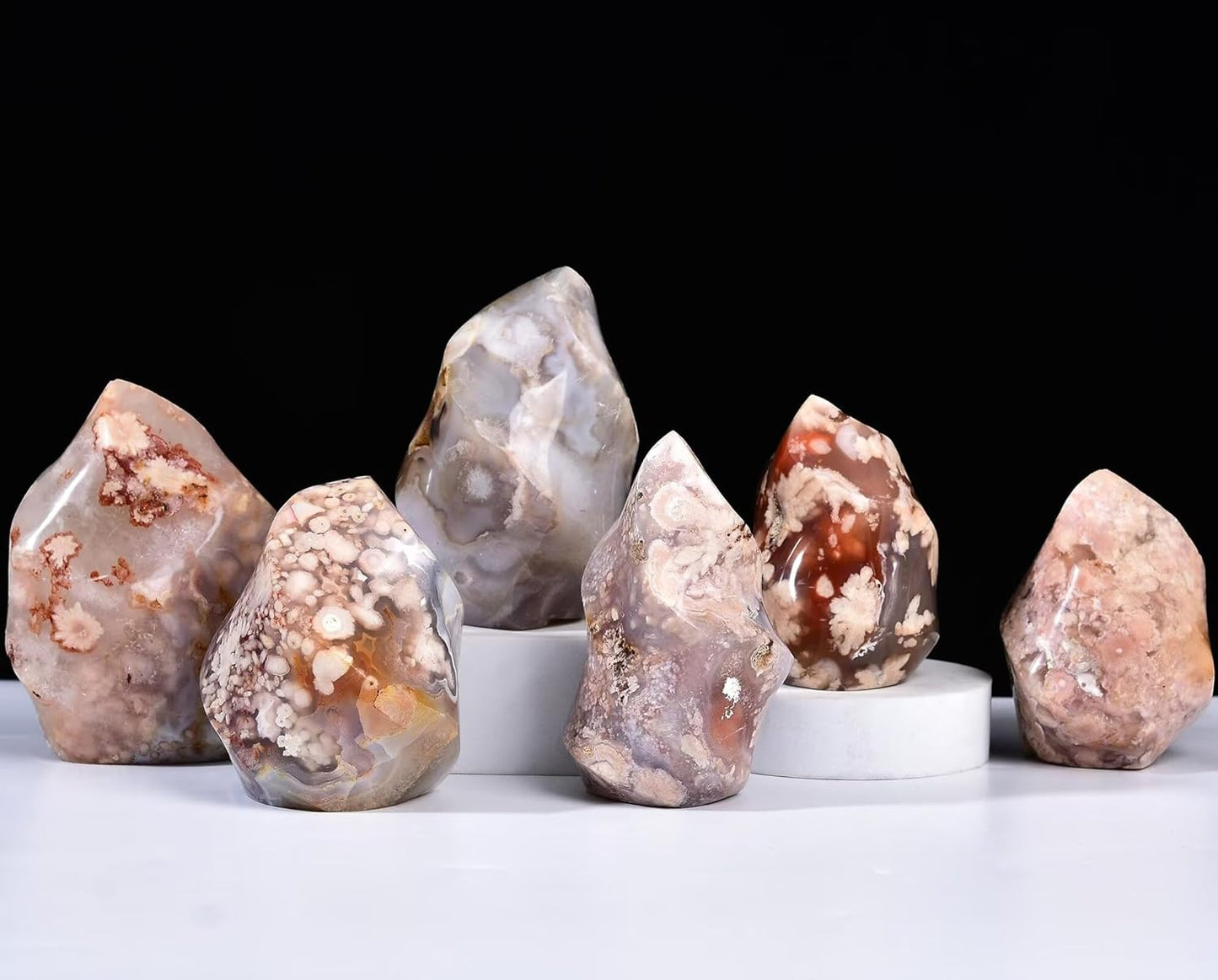 AMOYSTONE Cherry Blossom Agate Flame Shaped Stone Towers Obelisk Flower Agate Natural Healing Crystal Quartz Reiki Energy Decoration Home Office 1.5-2.2LBS