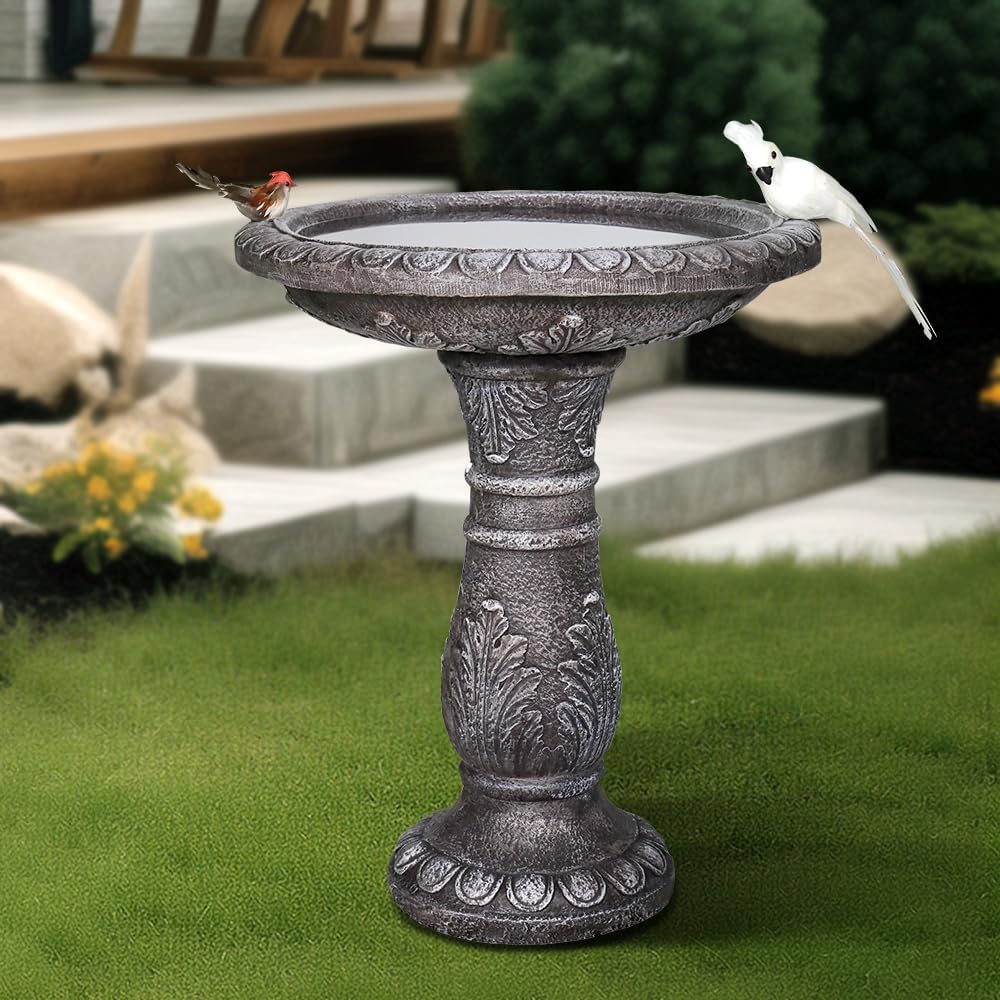 24.4" H Cement Bird Bath for Garden- Fibre Reinforced Concrete Bird Baths for Outdoors, Large Size Vintage Carved Pedestal Birdbath for Patio, Yard, Lawn -20”Dia. X 24.4”H Bird Fountain