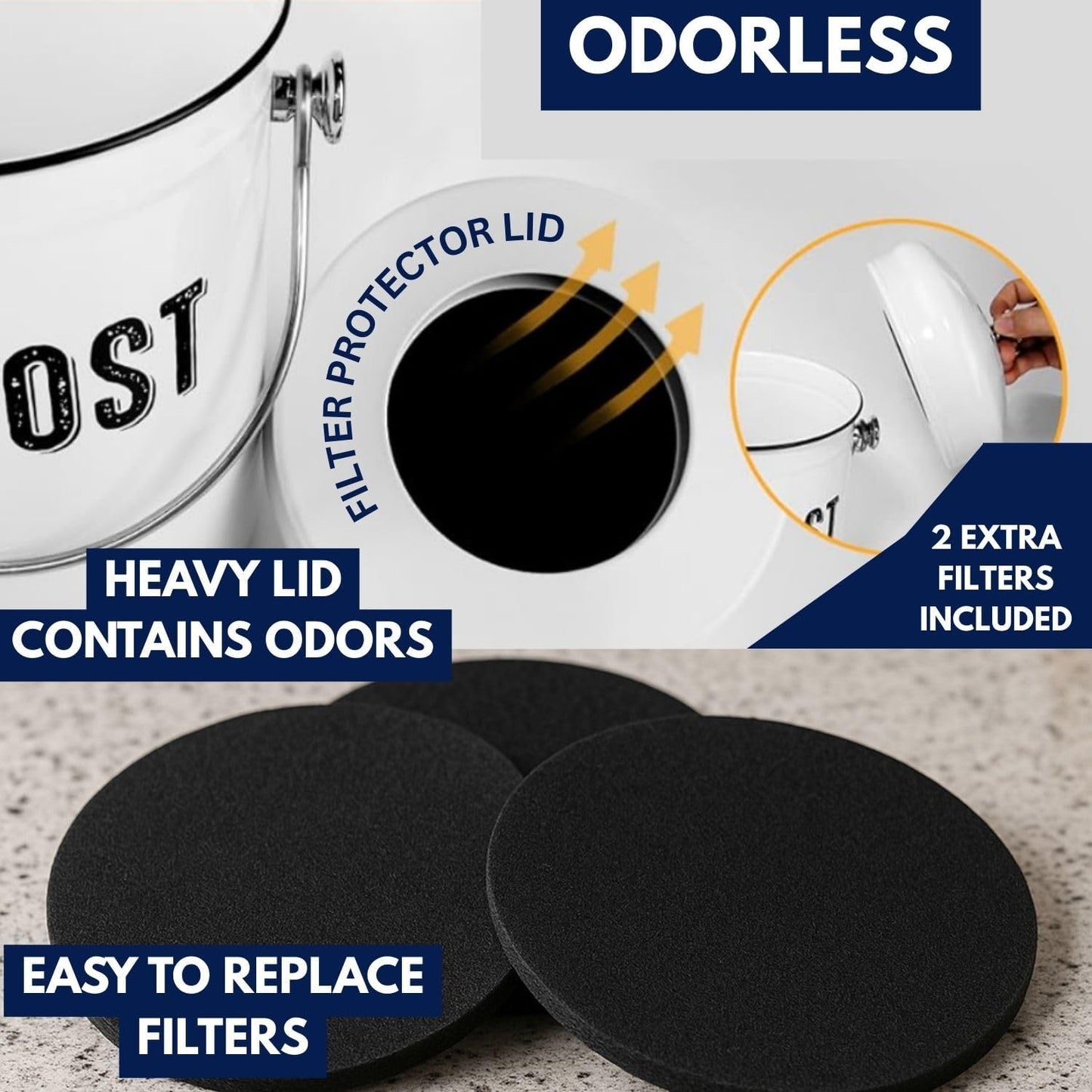 Granrosi Countertop Compost Bin Kitchen - 1.3 Gal Indoor Compost Bucket with Lid for Kitchen; Farmhouse Rust Proof & Odorless Composter Bin for Countertop; 3 Charcoal Filters