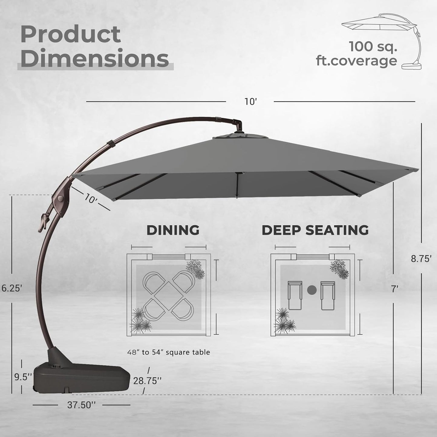 Grand patio 10x10 FT Patio Cantilever Umbrella with Base Outdoor Large Square Tilting Offset Umbrellas for Deck Backyard (Gray, 10x10 FT)