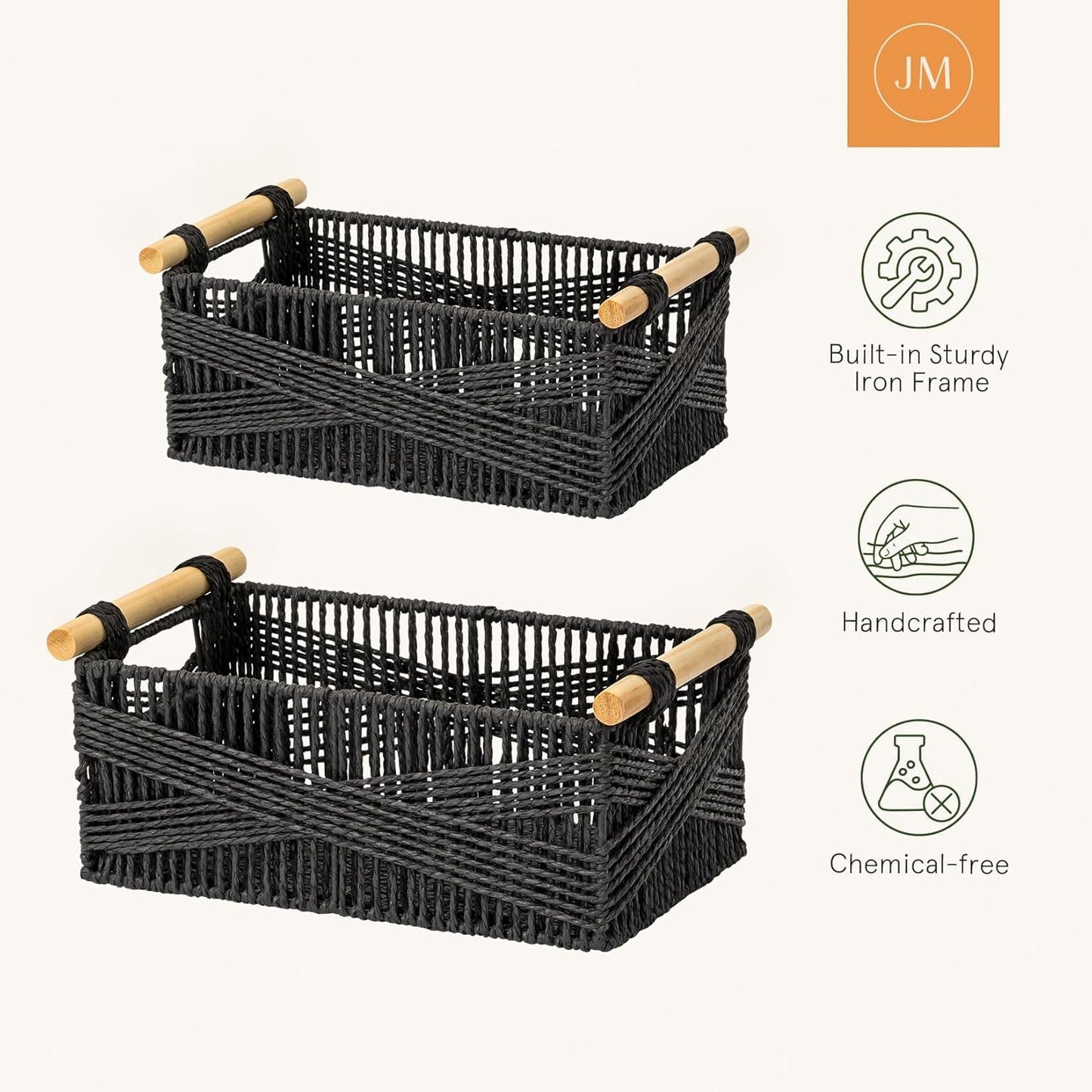 LA JOLIE MUSE Wicker Storage Baskets for Organizing, Recyclable Paper Rope Basket with Wood Handles, Decorative Hand Woven Basket Organizers for Makeup Books Shelves Living Room, Black, Set of 2