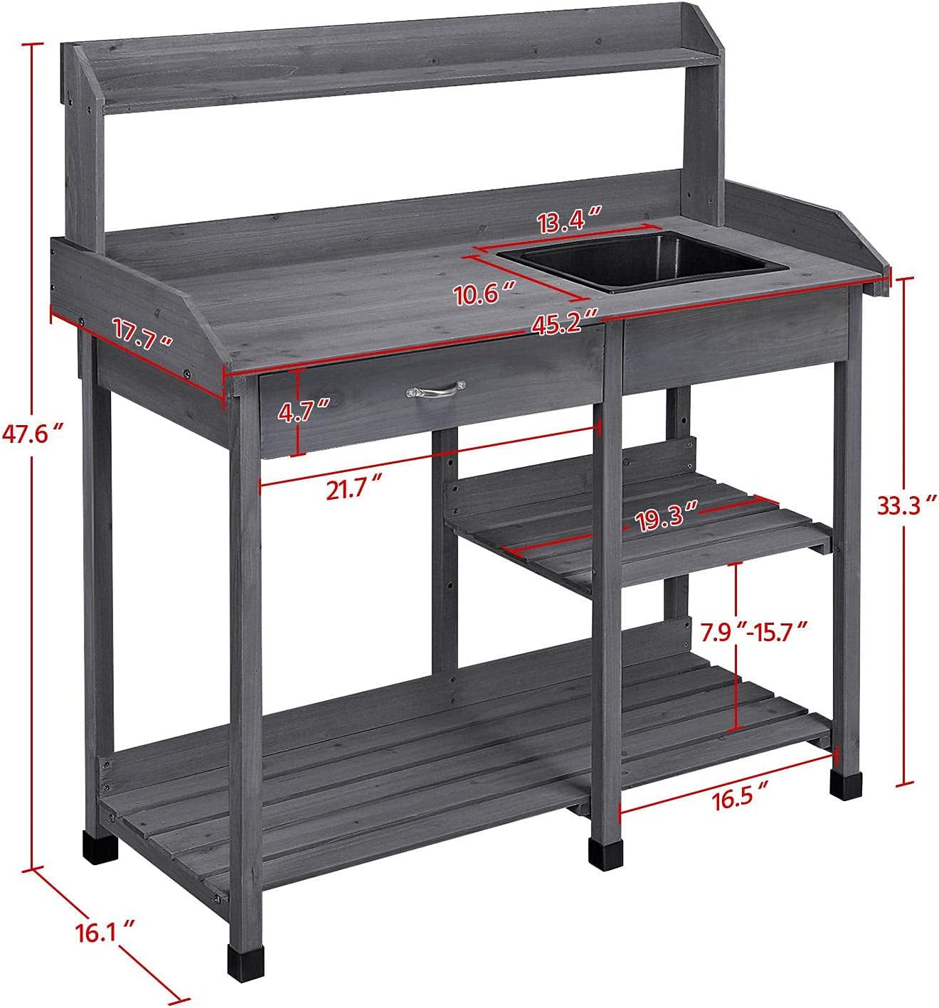 Yaheetech Outdoor Potting Bench Table Potters Benches Garden Workstation for Horticulture with Drawer/Adjustable Shelf Rack/Removable Sink/Hooks/Pads, Gray