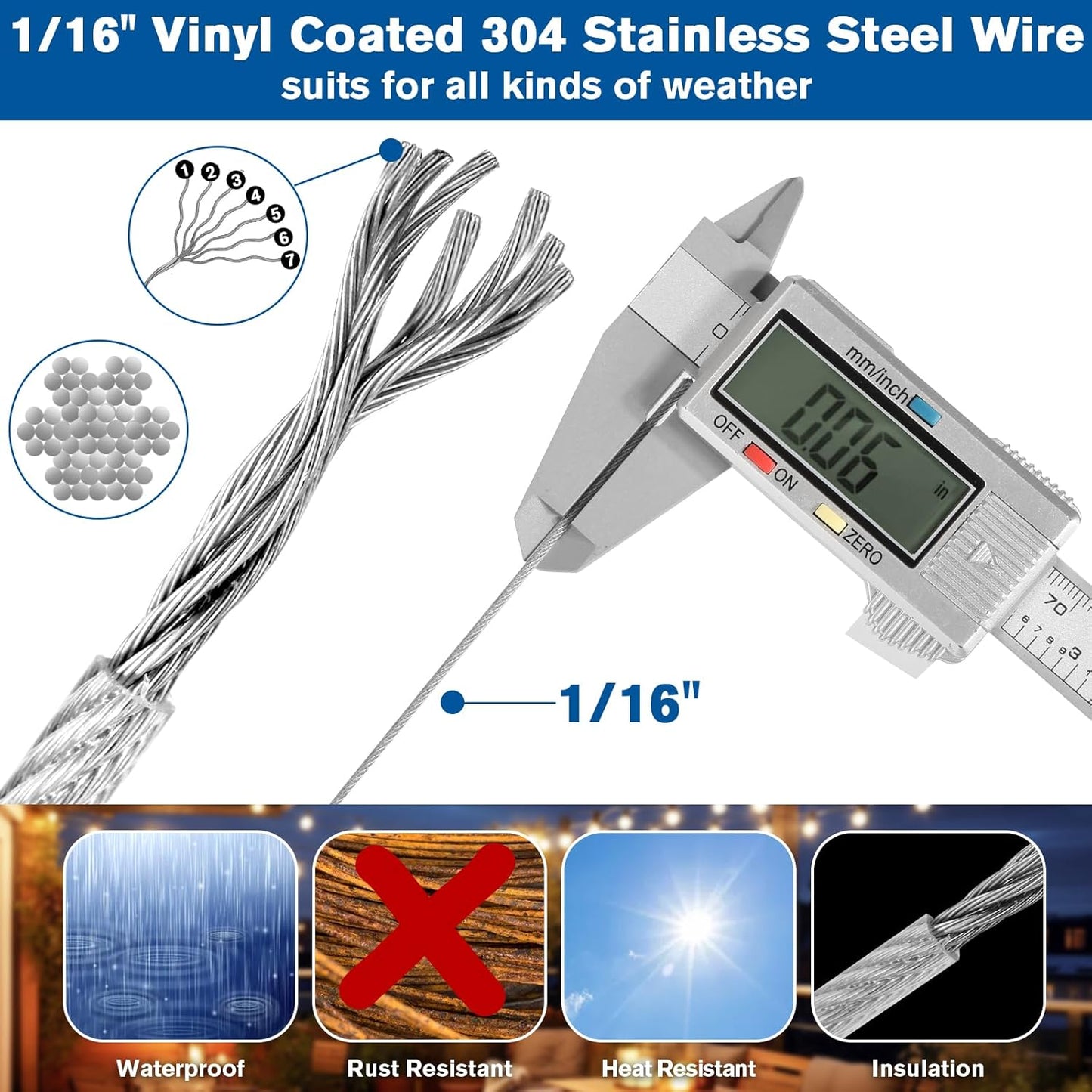 220FT 1/16" Wire Rope Kit - String Light Hanging Kit Vinyl Coated 304 Stainless Steel Cable with Turnbuckles for String Light Hanging, Gate Anti Sag, Stair Railing, Curtain, Picture Hanging, Garden