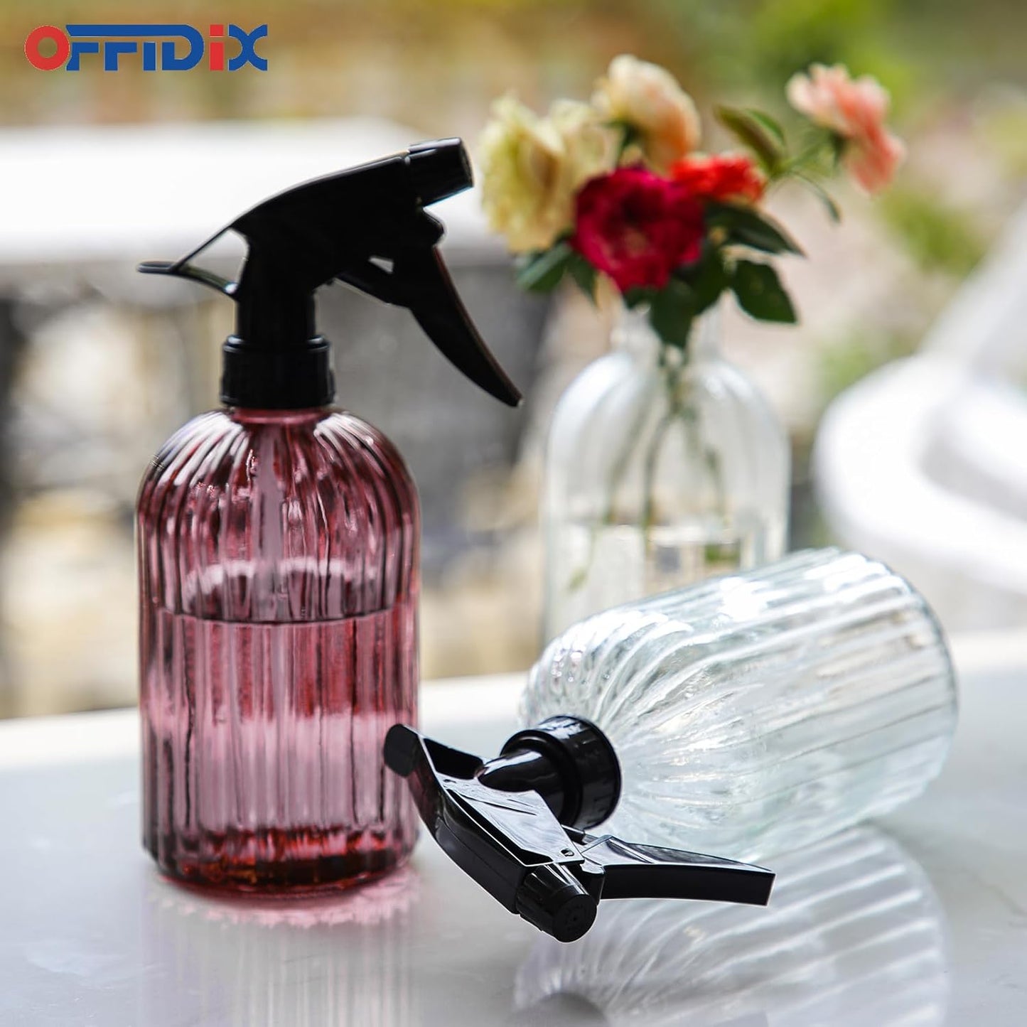 OFFIDIX Glass Spray Bottle, Pressure Watering Can, Indoor Plant Mister, Adjustable Nozzle, 0.4L/13.5oz Handheld Spray Bottle for Garden Plants Cleaning Solutions (Amaranth)