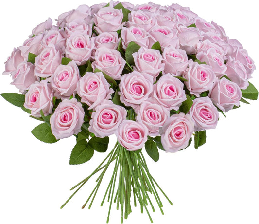 Fake Plants Roses Flowers Plastic Flowers Spring Decorations for Home Gifts for Gf Roses Artificial Flowers for Vase Fake Flowers Home Decor Fake Plant (Light Pink 50PCS)