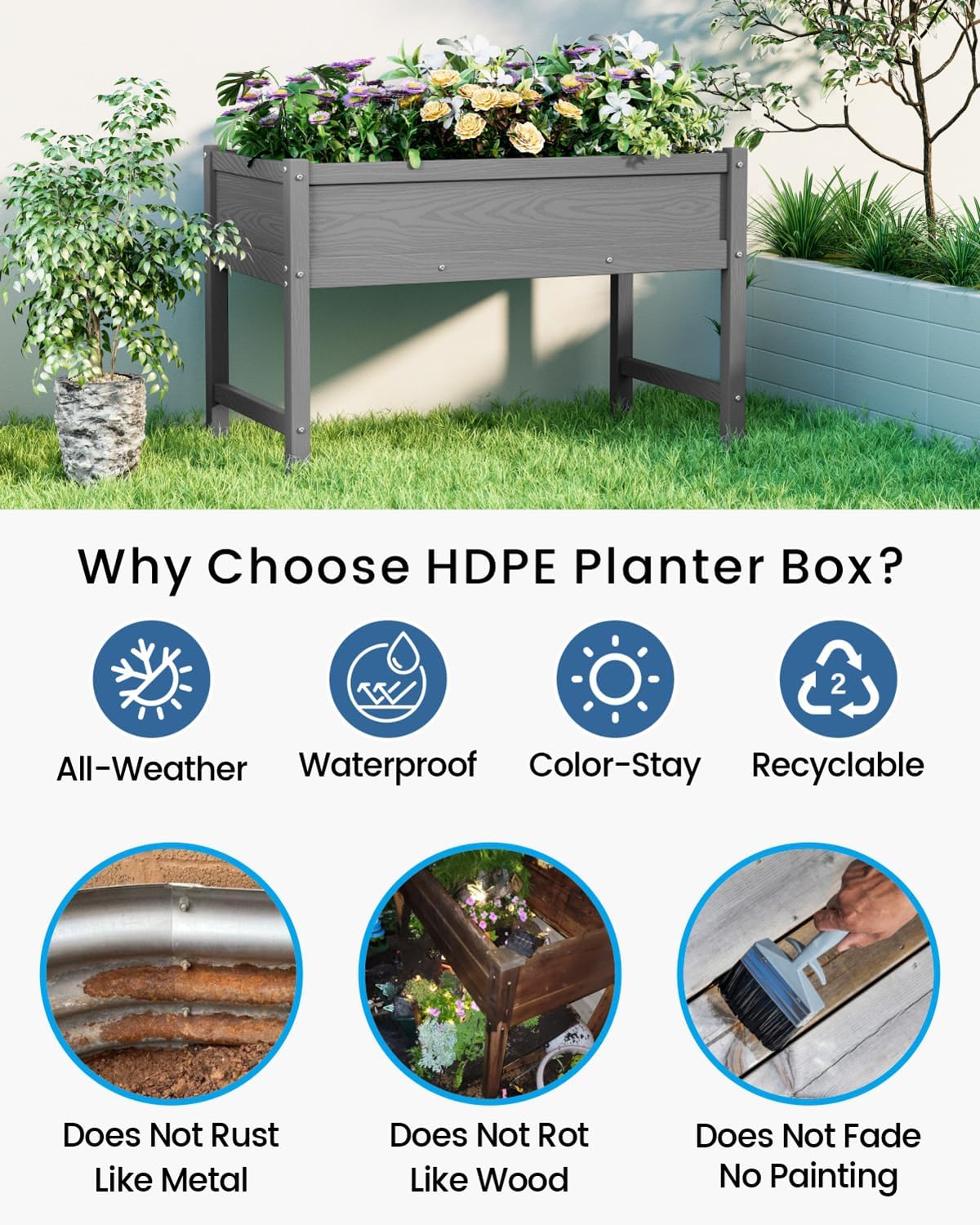 HDPE Raised Garden Bed with Legs, Outdoor Weather-Resistant Elevated Planter Box Stand for Seeds, Herbs, Flowers, Vegetables (Grey)
