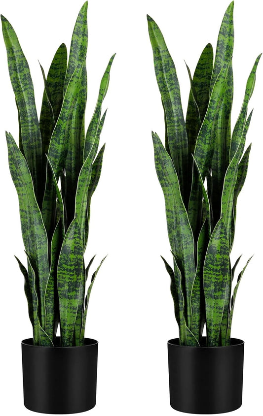 KOL 3ft 2-Pack Artificial Snake Plant - 32 Thick Lifelike Leaves, Faux Silk Sansevieria for Indoor Home & Garden Decor, 35in Potted Fake Mother-in-Law's Tongue Plants, Green