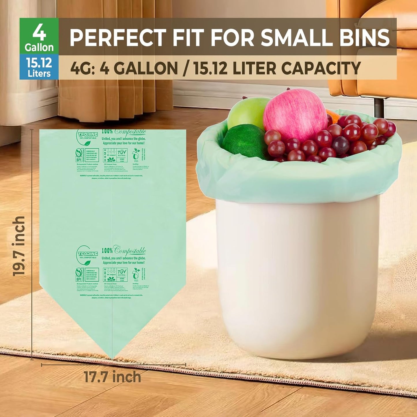 Compostable Trash Bags, 3-4 Gallon, 15 L, 80 Count, Extra Thick 0.8 Mil, Small Kitchen Food Scrap Waste Bags, ASTM D6400, US BPI, CMA and Europe OK Compost HOME Certified