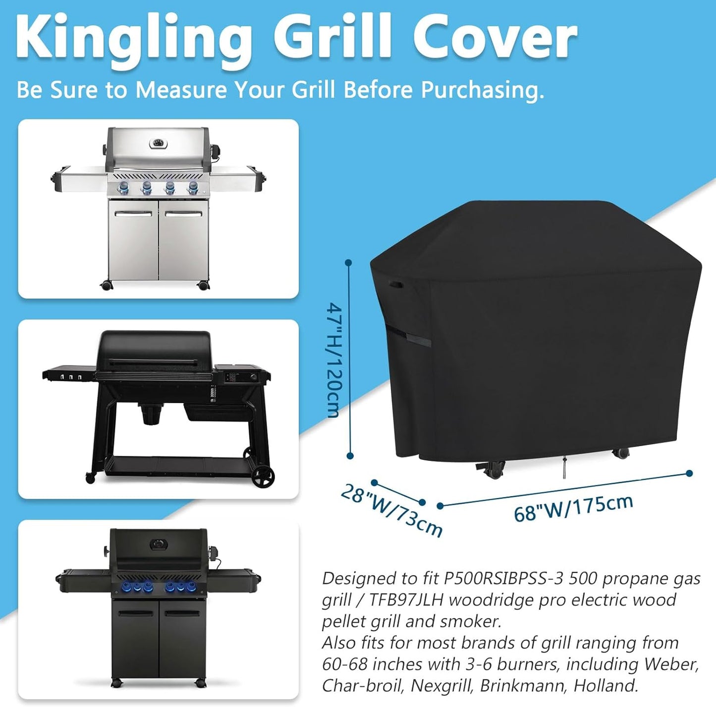Kingling Grill Cover Fits for Traeger Woodridge Pro/Elite, Napoleon Rogue PRO-S 625, Prestige 500 RSIB Grills Waterproof Grill Cover 68 Inch BBQ Grill Covers for 7-Burner Gas Grill & Griddle