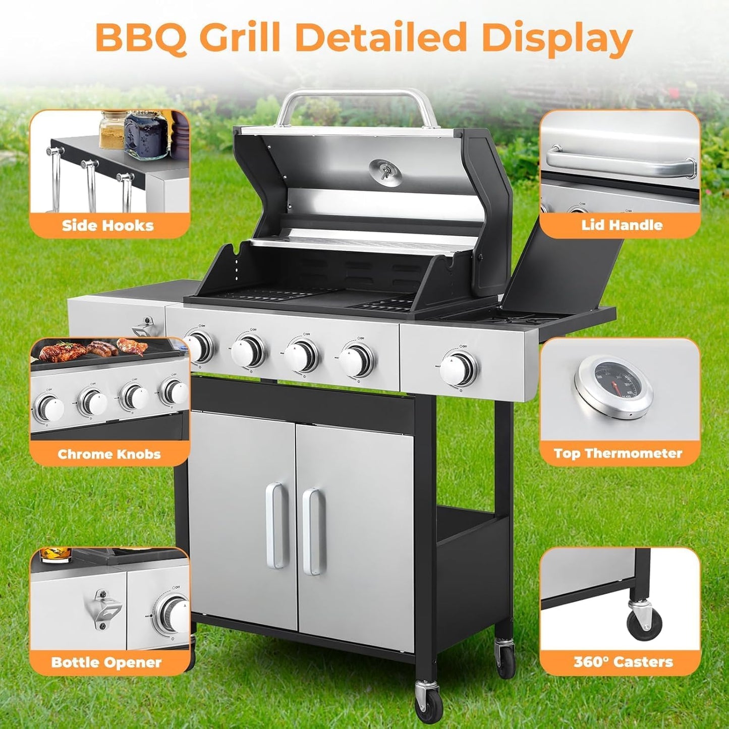 4 Burner Gas Grill with Side Burner, Dual-sided Frying Pan, Built-in Thermometer, Wheels, Side Table, Stainless Steel Burner, 47,000 BTU Outdoor Grill for Patio, Garden, Balcony