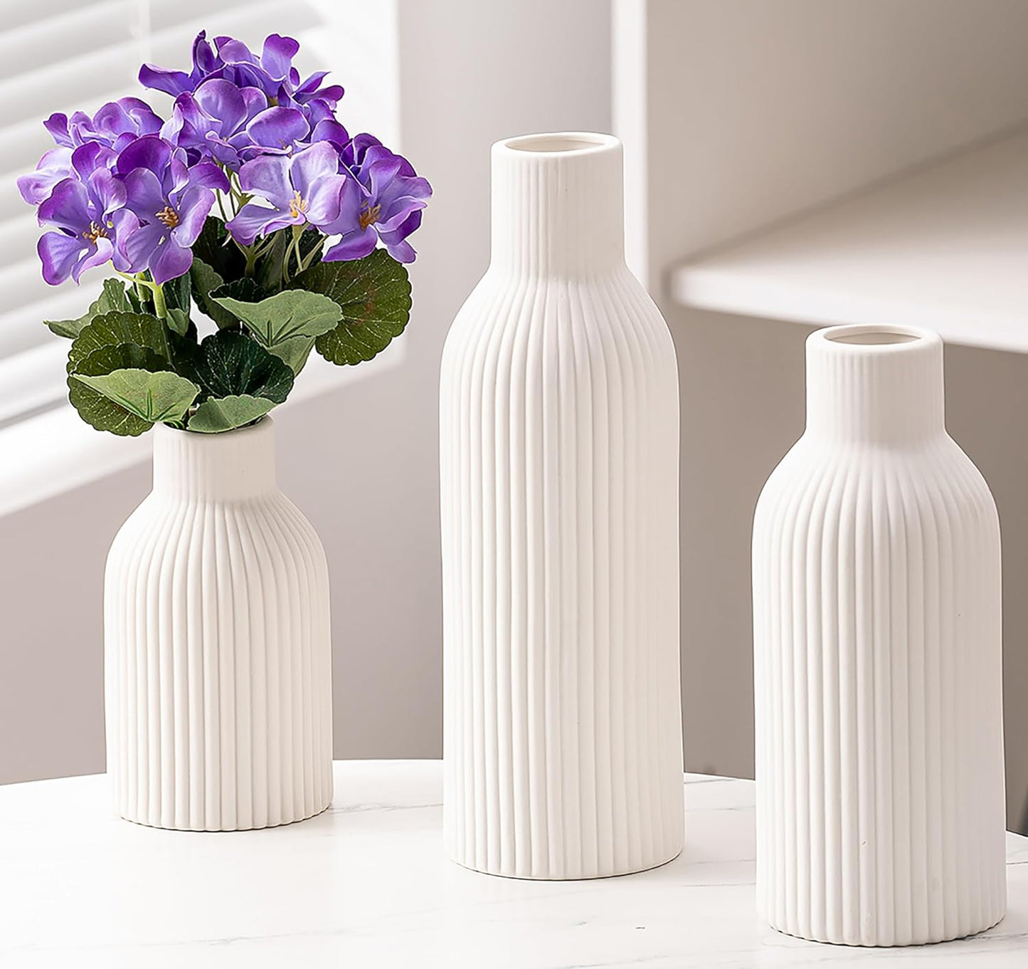 Ceramic Vase Set of 3, Flower Vases for Spring Room Decor, Kitchen Farmhouse, Modern Boho Style(White)