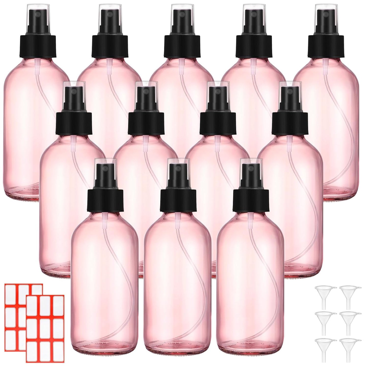 Norme 12 Pcs 8 oz Glass Spray Bottles with Funnels and Labels Refillable Cosmetic Empty Spray Bottles with Sprayer Containers for Essential Oil Cleaning Solutions(Pink,Stylish)