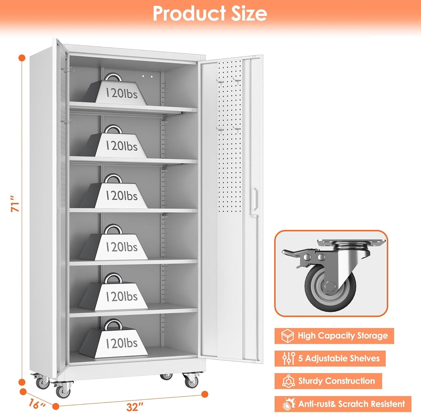 Aobabo 71" H×32" W×16" D Metal Storage Cabinet with Wheels, Garage Steel Storage Cabinet with 5 Adjustable Shelves and 4 Hooks for Home Office, Kitchen, Assembly Required, White