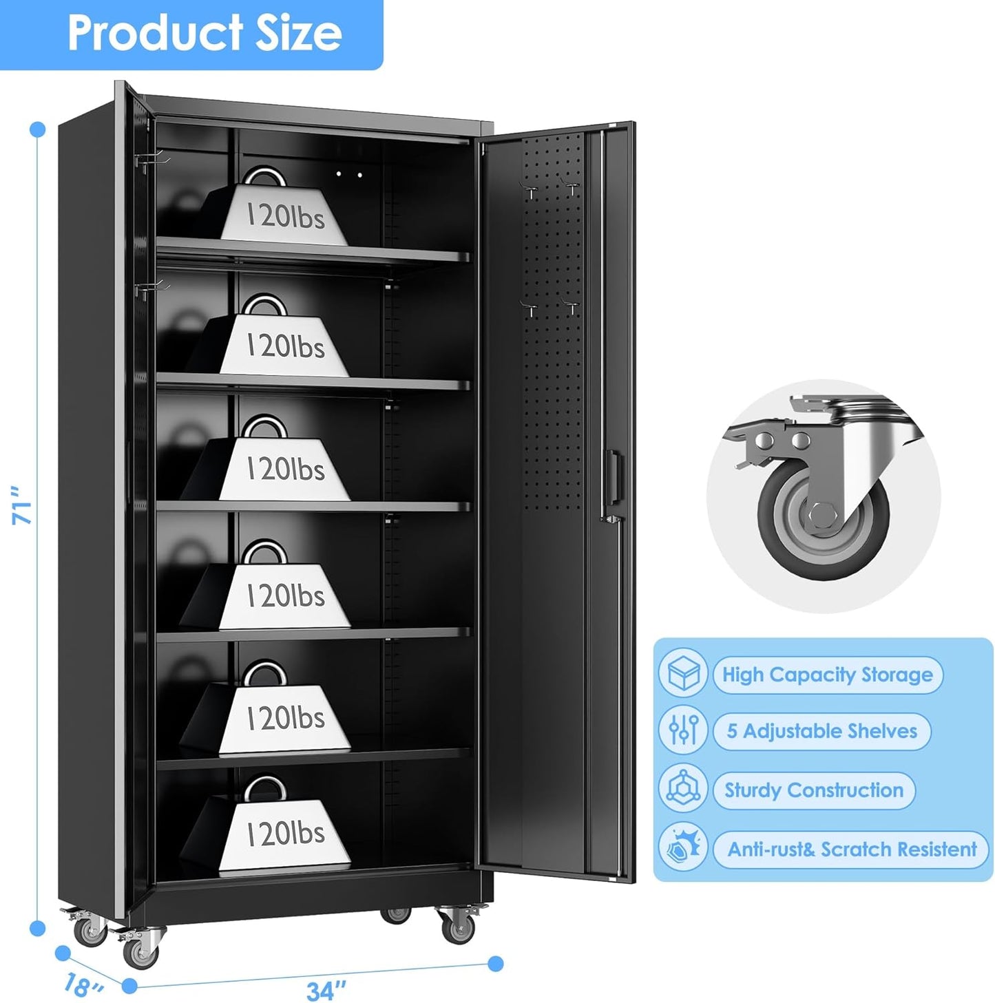 71" H×34" W×18" D Metal Garage Storage Cabinet with Wheels & Pegboard, Lockable Metal Storage Cabinets with 2 Doors&5 Adjustable Shelves for Garage&Home,Assembly Required,Black