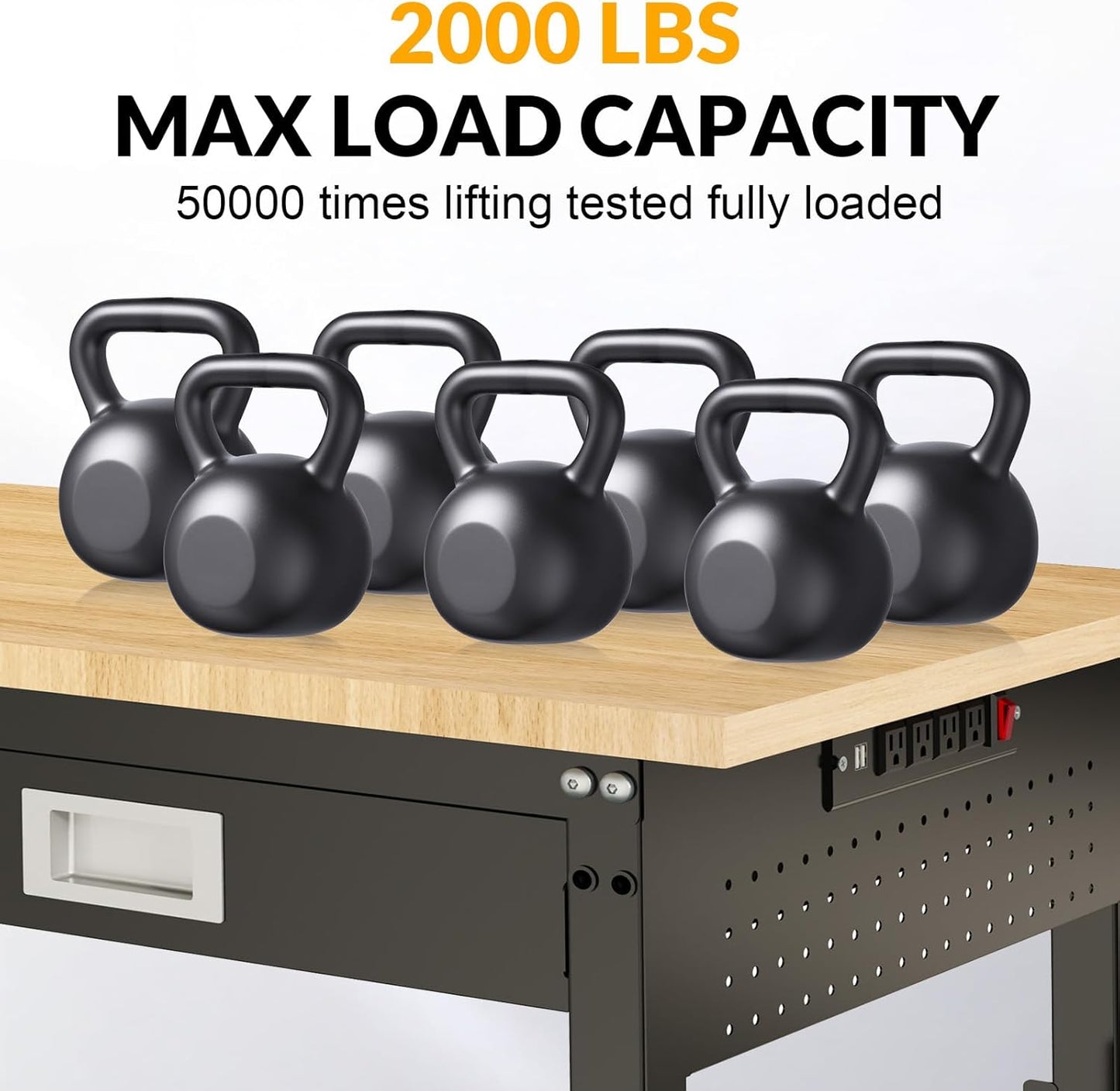 60" Workbench for Garage with Drawers Rubberwood Tabletop Work Table with Pegboard, Power Outlets Adjustable Height Work Bench for Office, Woodworking Shop, Home