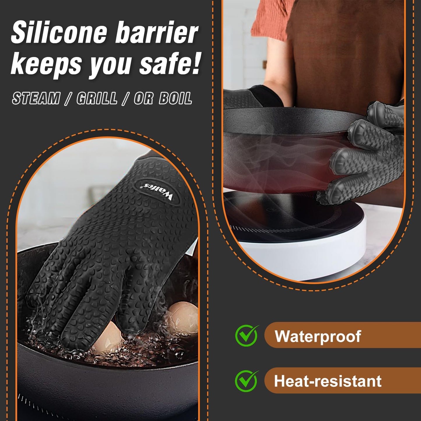 Walfos BBQ Gloves - 500°F Heat Resistant Grilling Gloves Set with Meat shredding Claws & Silicone Brush, Non-Slip Kitchen Silicone Oven Mitt, for Barbecue, Cooking, Baking, Cutting, Black