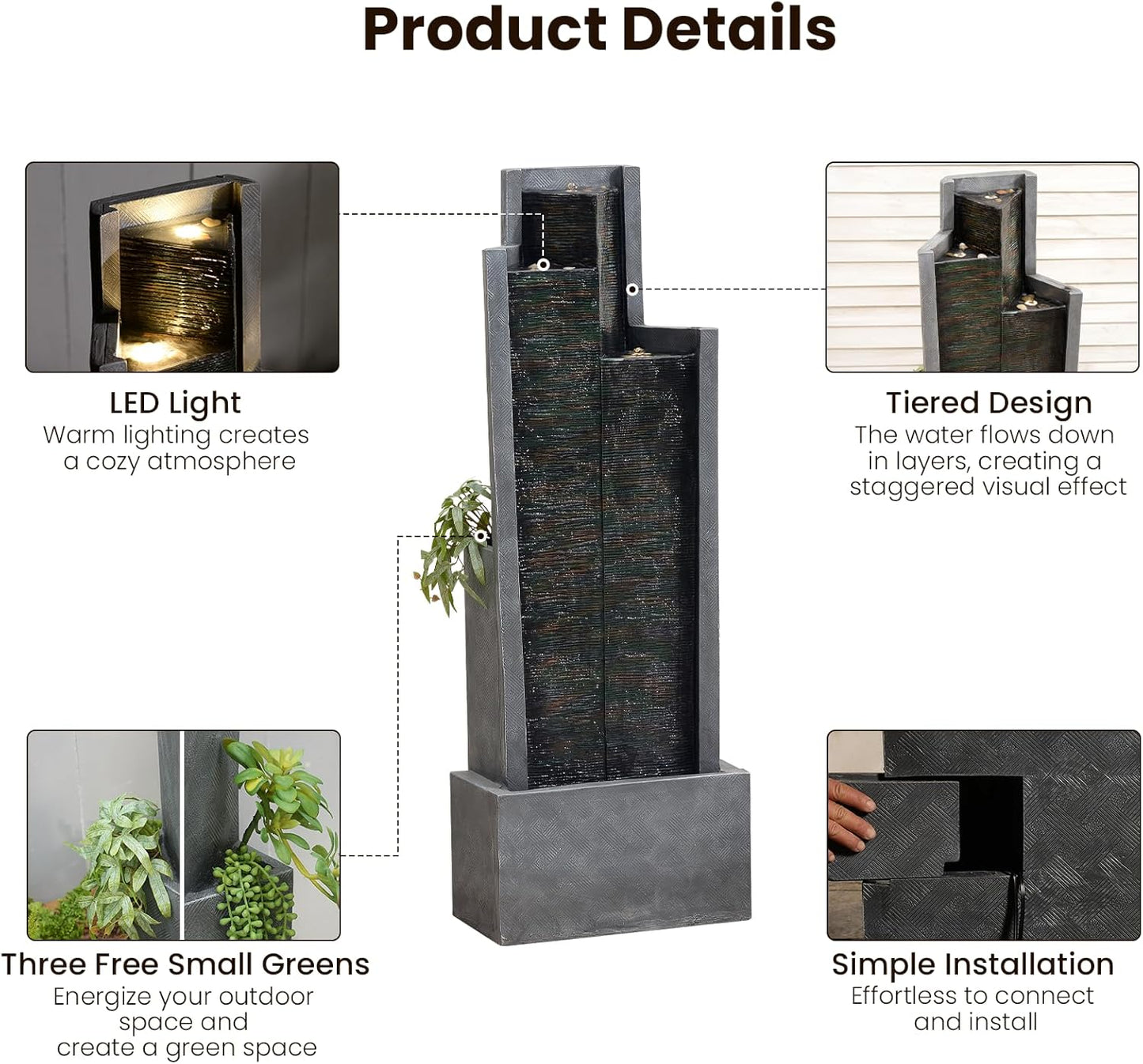 49.6" H Garden Fountains Outdoor Modern Cascading Indoor Water Fountain Tall Floor - Standing Fountain with Lights for Garden, Patio, Yard, Deck and Home Art Decor